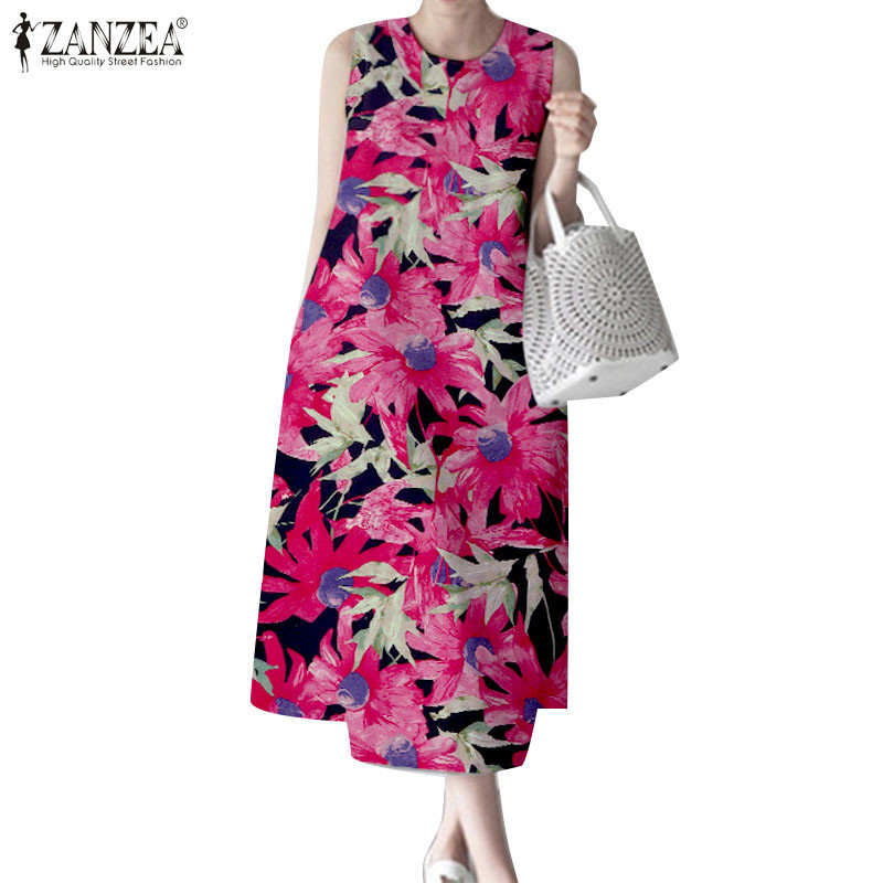 Zanzea ชุดเดรสซิปผู้หญิงคอกลมแขนกุดลายดอกไม้ A-Hem กระเป๋า