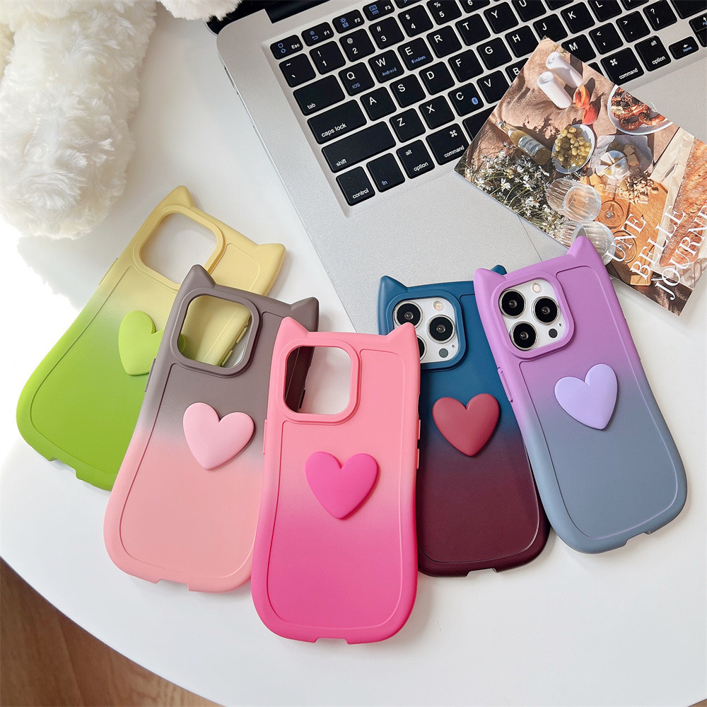 เคสสําหรับ IPhone 15 Pro Max 14 Plus 13 12 11 Pro Max XR X XS หูแมวหัวใจรักเคสโทรศัพท์ไล่โทนสี