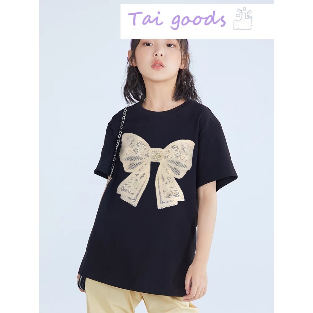 (COD/24ชั่วโมง) ชุดเด็ก，สวยเรียบง่ายโบว์พิมพ์เสื้อยืดสำหรับเด็ก ไม่หดตัว
