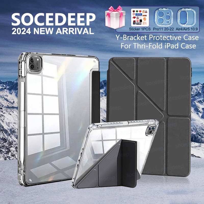 Socedeep สําหรับ Y-Folding สําหรับ iPad Air 11 2024 Air6 Pro 11 13 M2 M4 Air mini 6 5 4 3 2 1 10th 10.9 7th 8th 9th Gen 10.2 9.7 พรีเมี่ยมโปร่งใสอะคริลิคฝาครอบดินสอผู้ถือ