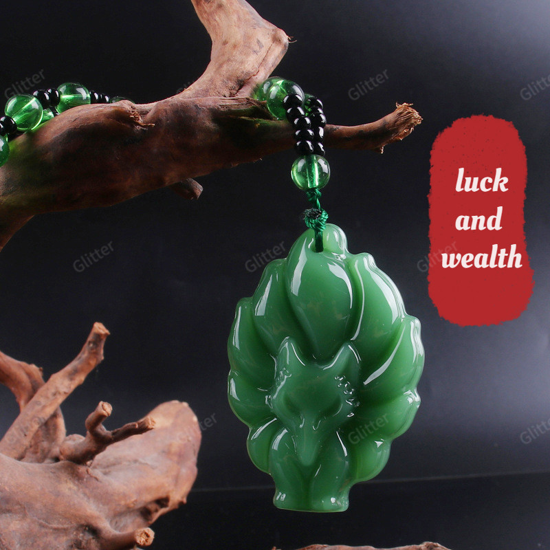 (ฟรีเชือก) จี้สุนัขจิ้งจอกเก้าหางแก้วธรรมชาติสําหรับผู้ชายที่มีสีสันสีดําโชคดีและความมั่งคั่งสร้อยคอสุนัขจิ้งจอกสําหรับผู้หญิง