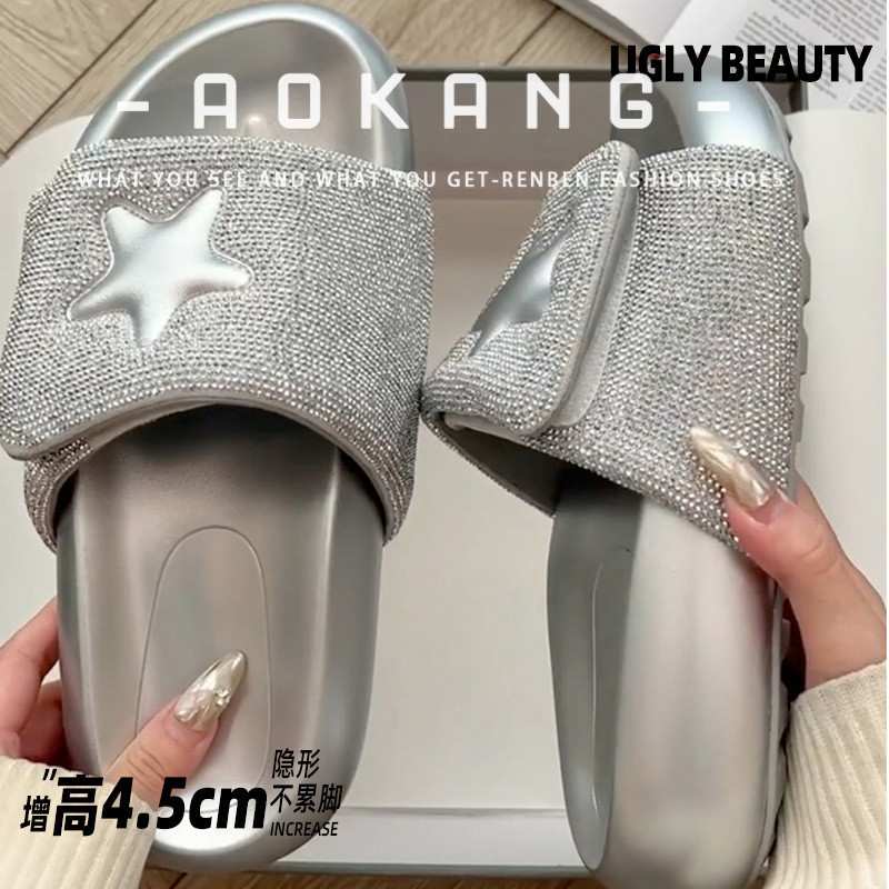 AOKANG รองเท้าแตะ rhinestone ใหม่ของผู้หญิงรองเท้าแตะชายหาดรองเท้าแตะกลางแจ้งเงา
