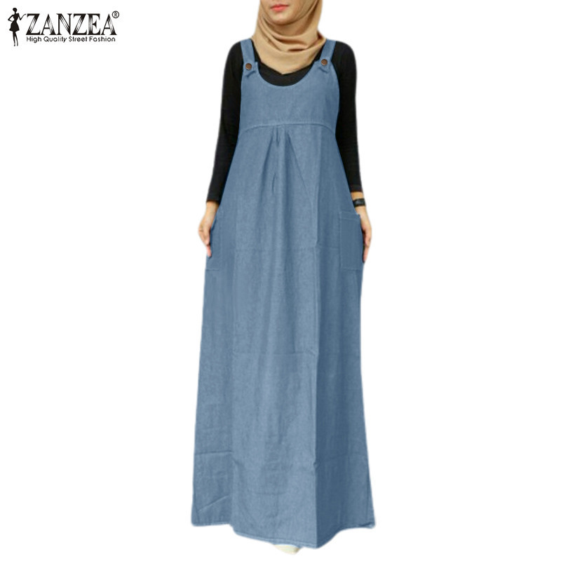 ZANZEA ซานเซีย ผู้หญิงมุสลิมรอบคอกระเป๋าด้านข้างสีทึบปุ่มแขนกุดชุด