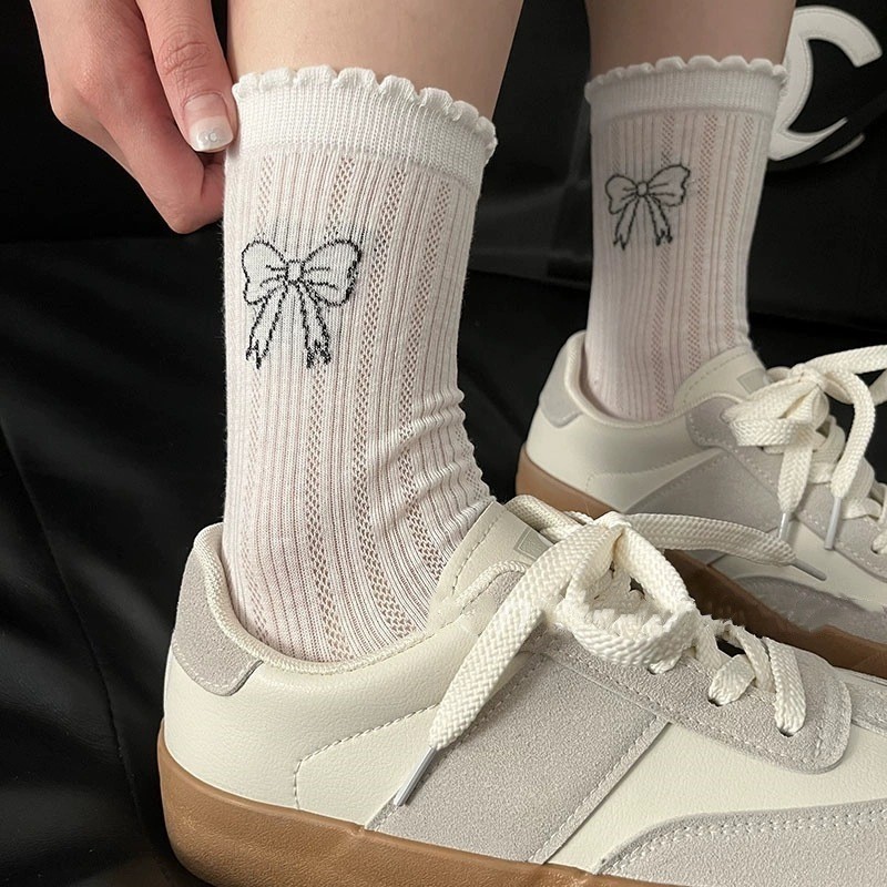 Sweet miu Style Bow Lace Socks Women Summer Thin Style Pure Cotton Mesh Breathable Korean Version Girls Mid-tube Socks