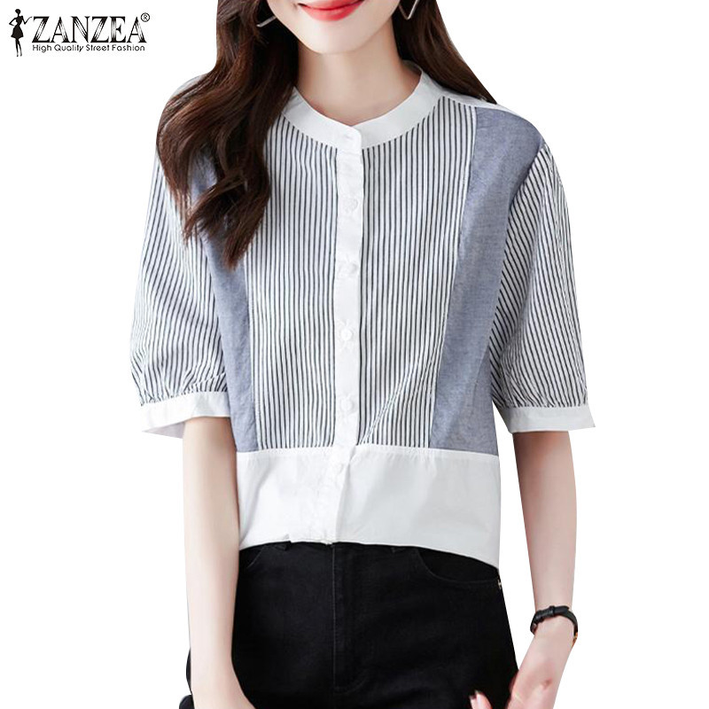 Zanzea เสื้อลําลองคอกลมครึ่งแขนลาย Patchwork เสื้อหลวม