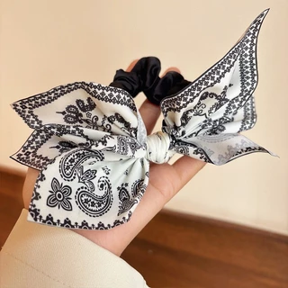 สาวหวานดอกไม้พิมพ์ Bowknot Hair Ties ริบบิ้น Scrunchies Headwear เครื่องประดับผม