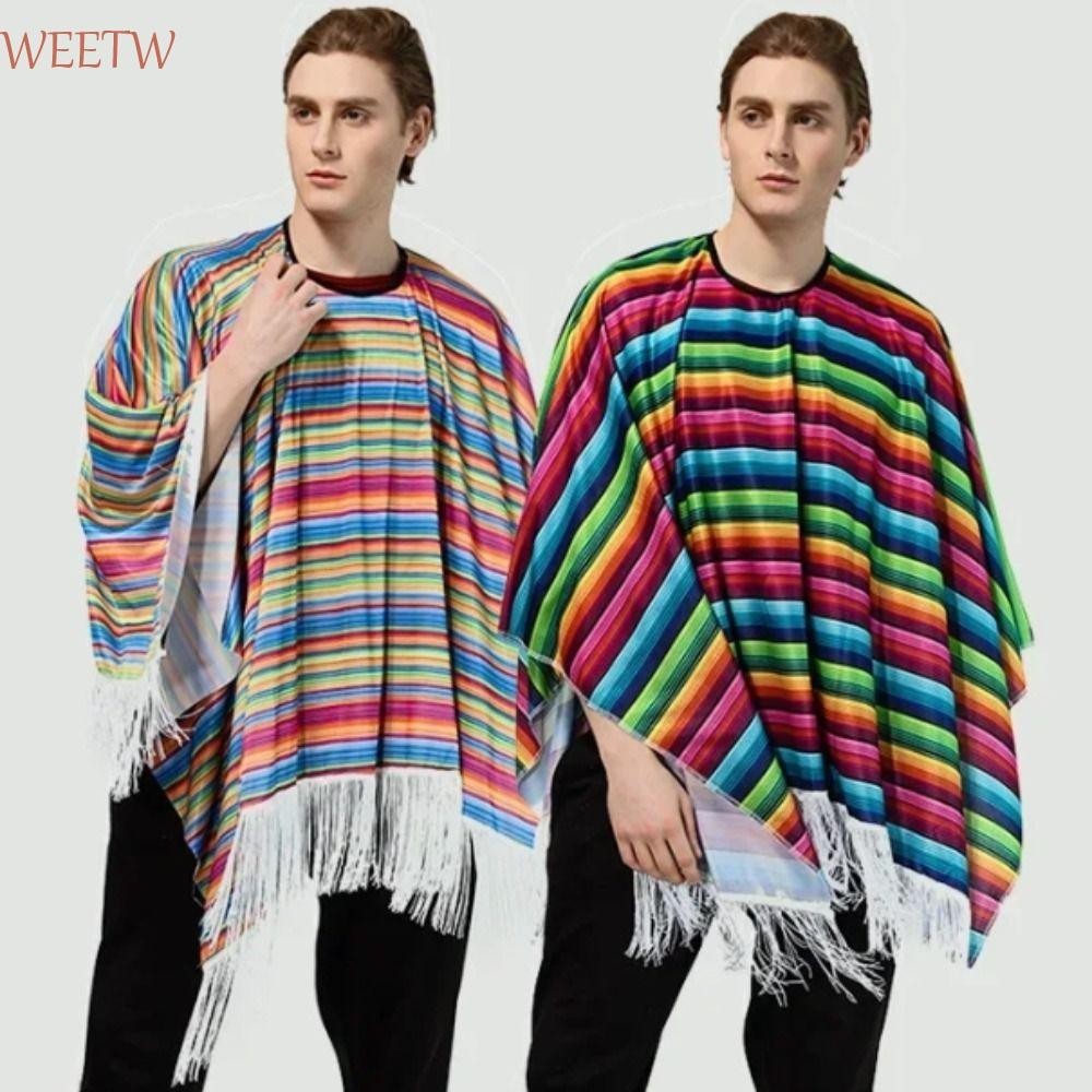 Weekw เสื้อคลุมสไตล์เม็กซิกัน, เสื้อคลุมชาติพันธุ์ฮาโลวีนเครื่องแต่งกายเม็กซิกัน, Carnival Dress-up Rainbow Stripe Folk Cape Mexican Poncho Holiday Party
