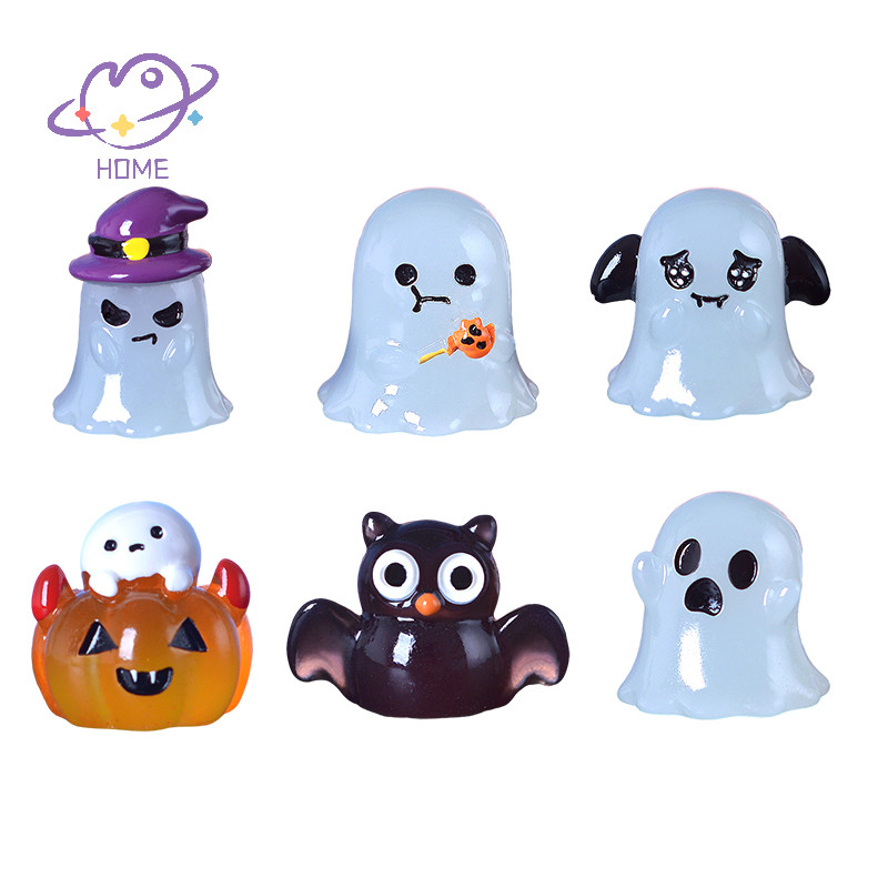 [mayhome] 6 ชิ้น/เซ็ต Luminous เครื่องประดับฮาโลวีนการ์ตูนนกฮูก Ghost Pumpkin Doll Micro Landscape Decor Dollhouse Miniature ของเล่น {TH}