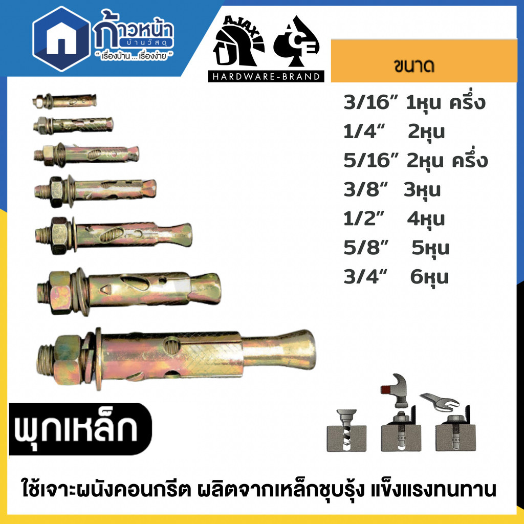 พุ๊กเหล็ก พุกเจาะผนังคอนกรีต ขนาด 3/16", 1/4", 5/16", 3/8",5/8", 1/2" AJAX ราคาต่อตัว