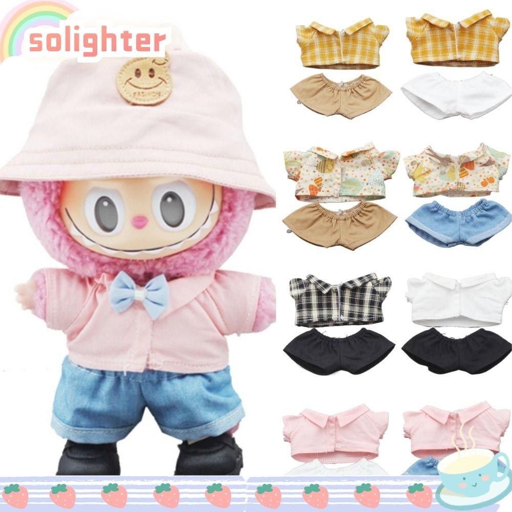 Solighter Labubu ลายสก๊อตชุดเสื้อ, 10 ซม.ผ้าฝ้าย 17 ซม.Labu ตุ๊กตาเสื้อผ้า,หวาน Handmade เปลี่ยน DIY Labubu Fragmented ดอกไม้เสื้อตุ๊กตา