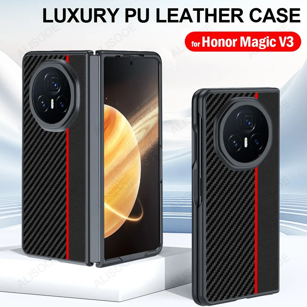 สําหรับ Honor Magic V3 5G กรณีหรูหราคาร์บอนไฟเบอร์เนื้อ PU-หนังป้องกันโทรศัพท์สําหรับ Honor Magic V3 กันกระแทก