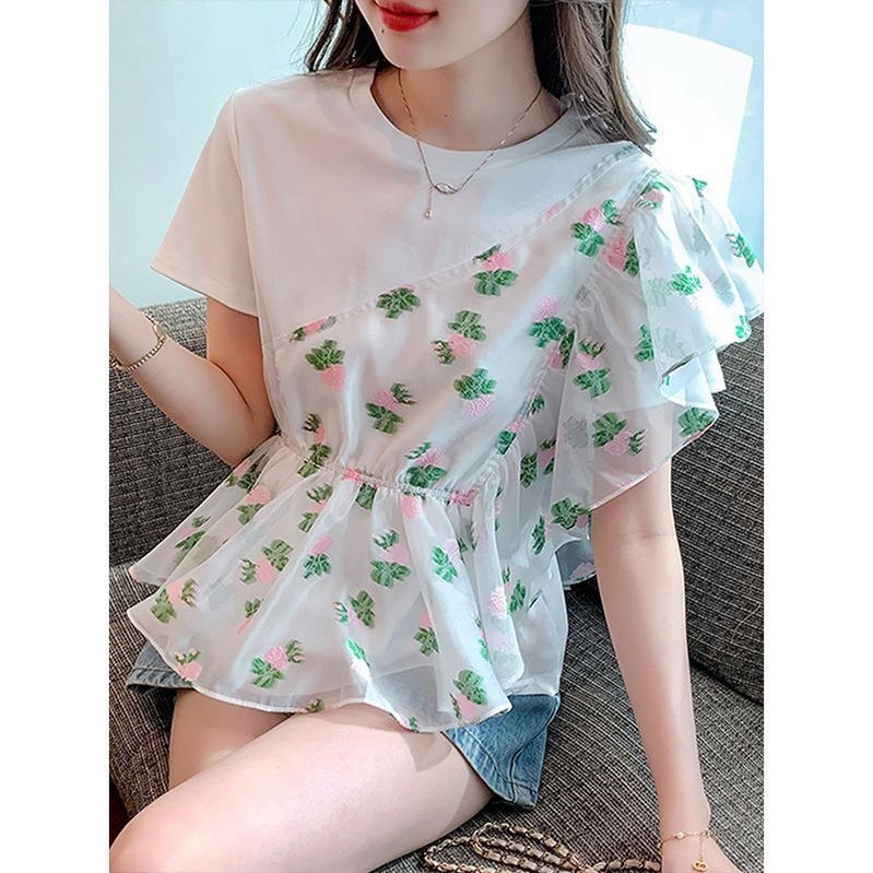 เสื้อเชิ้ตแขนสั้น เสื้อเบลาส์ลายดอกไม้สไตล์ฝรั่งเศส เสื้อครอปขอบรูด