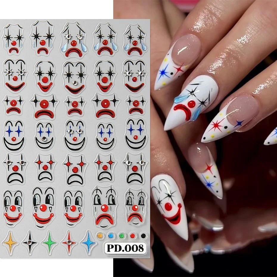 5d นูน Clown สติกเกอร์เล็บคริสตัล Rhinestone Glitter Daisy หัวใจกลีบภาษาฝรั่งเศสคํา Slider Spider ฮาโลวีนตกแต่งเล็บ