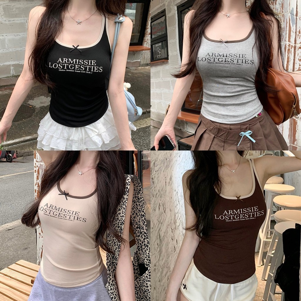 Bonnie ​เสื้อกล้าม ผู้หญิง มีฟองน้ำ ดีเทลสกีนตัวอักษร แต่งโบว์ เสื้อสายเดี่ยว y2k หลากสี ส่งไวจากไทย#FY746-P