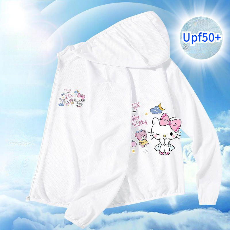 Upf50+ ลายซานริโอน่ารัก ชุดกันแดดเด็ก มีฮู้ดซิป แห้งเร็ว กันแดด ระบายอากาศได้ดี เหมาะสำหรับเด็กผู้หญิง เหมาะสำหรับ 100-165cm.