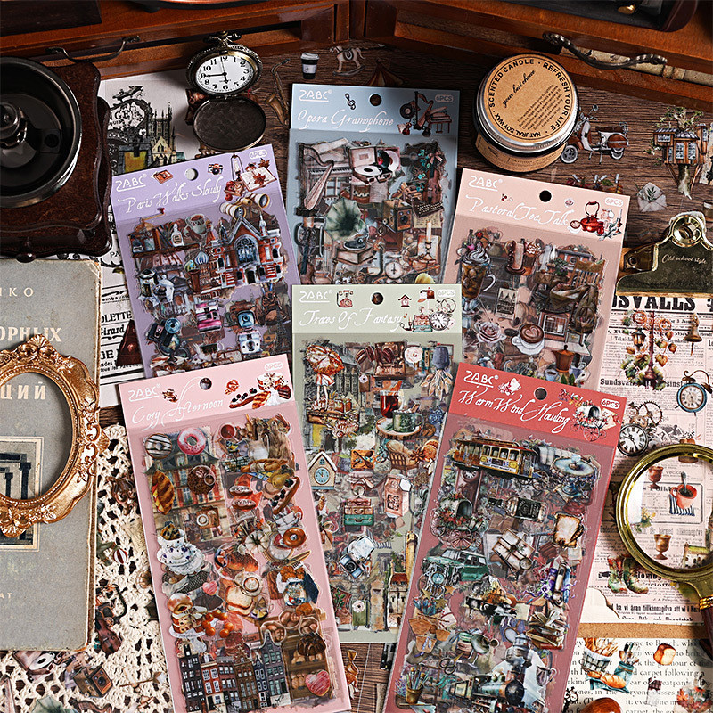 6 แผ่น Vintage Memories Series สติกเกอร์กันน้ํา PET วัสดุ Decals สําหรับ Journaling สมุดภาพตกแต่ง DIY Craft