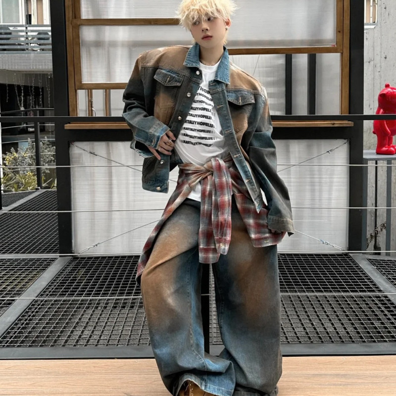 เป่าหลงซิน ผู้ชายชุดยีนส์ด้อยใหม่อเมริกันย้อนยุคแจ็คเก็ตยีนส์ระดับไฮเอนด์และกางเกงสําหรับฤดูใบไม้ร่วงและฤดูหนาว