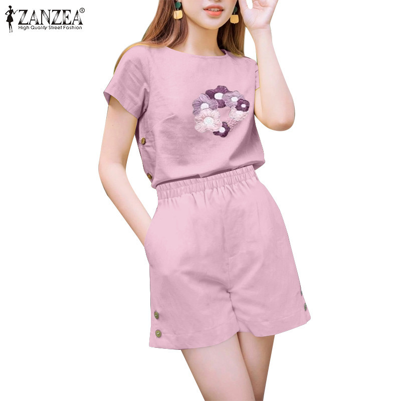 ZANZEA ซานเซีย ผู้หญิงวินเทจทุกวันดอกไม้เย็บปักถักร้อย โอ-คอ แขนสั้นแยกออกแบบชุด