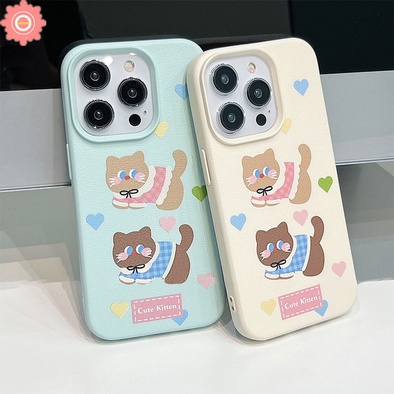 การ์ตูน Macaron ลูกแมวน่ารักสี Love Heart สําหรับ IPhone 13 16 15 11 12 14 Pro Max XR 15 16 14 Plus X XS Max 12 11 Pro หรูหราผิวรู้สึกหนังเนื้อนุ่มกรณี