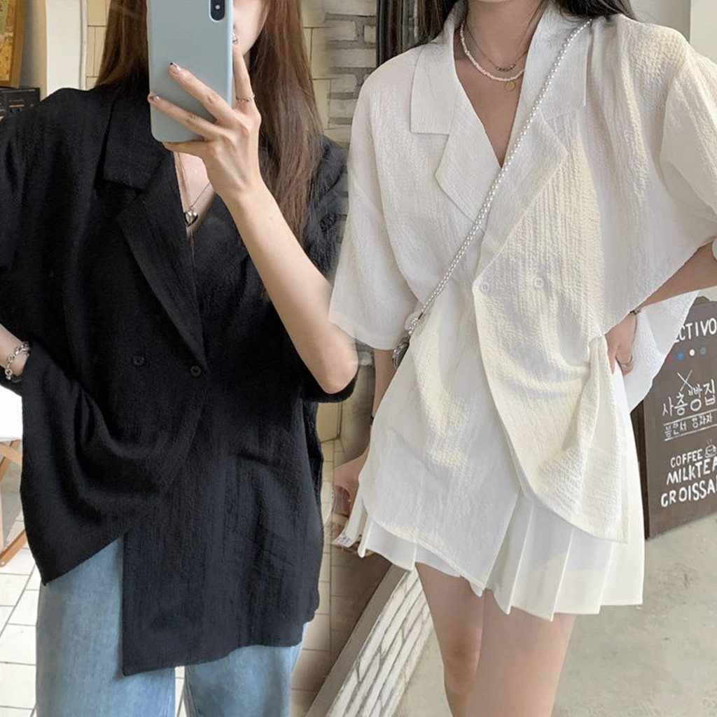 MIMI&DIDI#เสื้อลำลองสีขาว เสื้อเชิ้ตคอปกสูทแฟชั่นผู้หญิง สไตล์เกาหลี ผ้ามีความนุ่ม สบาย และไม่ยับง่าย#W429