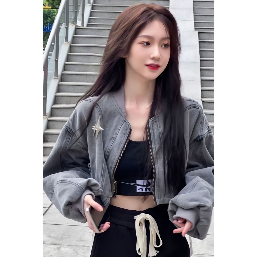 เสื้อแจ็คเก็ตยีนส์ฟอกสั้นแบรนด์แฟชั่นสไตล์อเมริกันเสื้อแจ็คเก็ตคาร์ดิแกนแขนยาวมีซิปสำหรับผู้หญิง