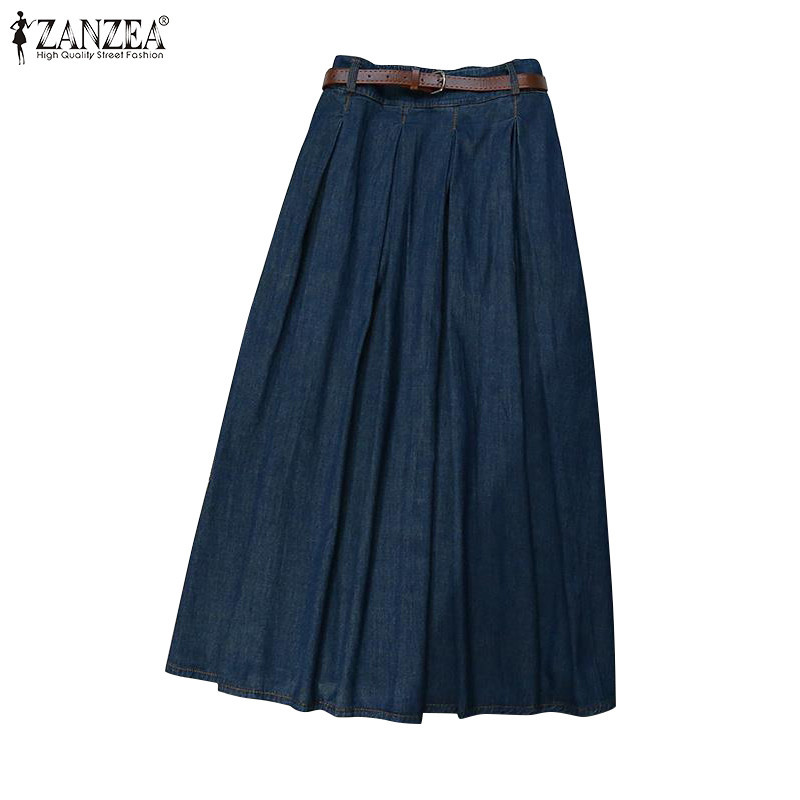 ZANZEA ใส่ ซานเซีย ผู้หญิงเกาหลีสบายๆกลางเอวกลับยืดหยุ่นสีทึบหลวมจีบกระโปรง เกิน