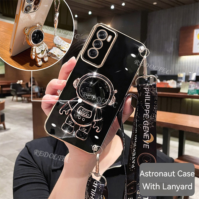กรณี OPPO Reno 12 Reno12 Pro 5G 2024 ใหม่แฟชั่นน่ารัก 6D Electroplated เคสโทรศัพท์ OPPO Reno 12Pro Reno12Pro นักบินอวกาศขาตั้งผู้ถือยาว Crossbody Lanyard สําหรับหญิง