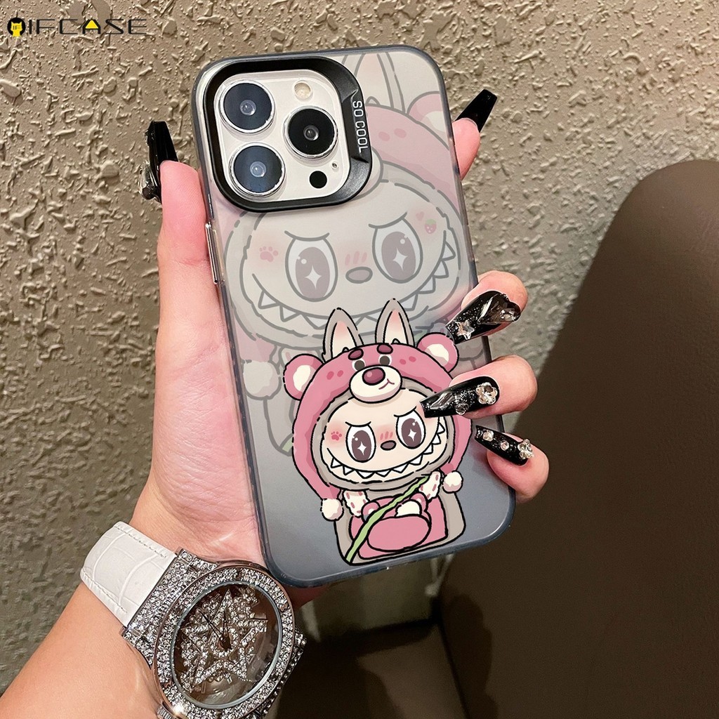 สําหรับ Vivo V23 V20 Pro V23e V21 V21e 4G 5G V21s V5 V5s เคสโทรศัพท์น่ารัก Labubu ล็อตโซ่สตรอเบอร์รี่หมีคนต่างด้าวการ์ตูนหรูหราเลเซอร์ Frosted สีดํากันกระแทกกรณีปกหลัง