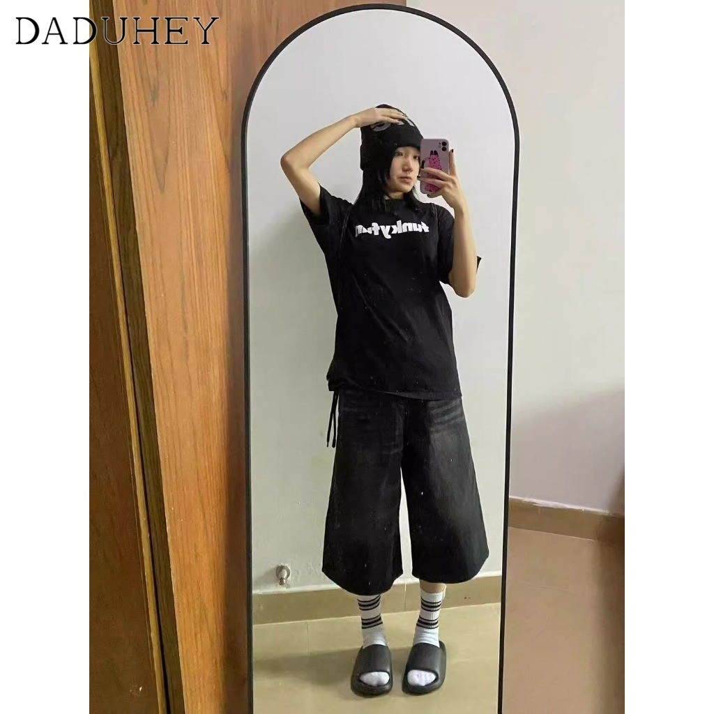 DaDuHey Women's New High Waist Slimming Casual Cropped Pants 2024 American High Street Retro Black Loose Straight Jeans
