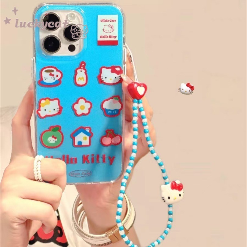 Iphone 15 14 13 12 11 Pro Max X Xr Xs Max 7 8 Plus SE2020 เคสโทรศัพท์ Ins การ์ตูนสีฟ้า KT Cat + Lanyard Clear Soft Cover