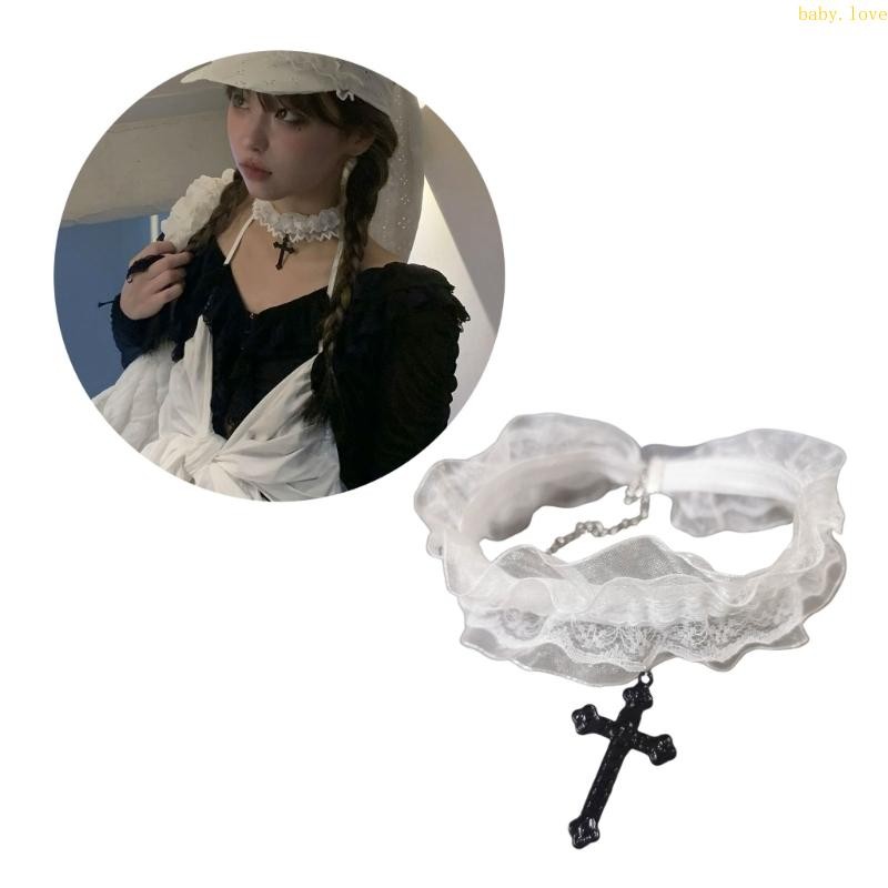 Blove* โซ่กระดูกไหปลาร้าแบบปรับได้สไตล์ลูกไม้สีดําและสีขาว Choker Crucifix จี้สร้อยคอสําหรับแฟชั่นผู้ที่ชื่นชอบ