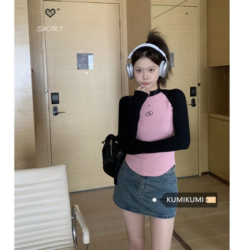 เสื้อคอกลมแขนยาวบล็อกสีฤดูใบไม้ผลิ/ฤดูใบไม้ร่วงสําหรับผู้หญิง
