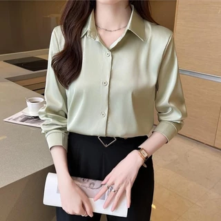 KOKO#เสื้อเบลาส์ แขนยาว ผ้าซาติน สไตล์เกาหลี สําหรับผู้หญิง#W443