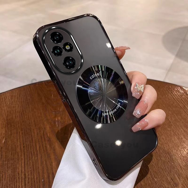 สําหรับ Honor 200 200 pro 200 Lite Soft Case Clear กันกระแทกแว่นขยายวงกลมแม่เหล็กElectroplatingโทรศัพท์มือถือกรณีรวมทุกอย่างขอบAnti-fall Soft Shell