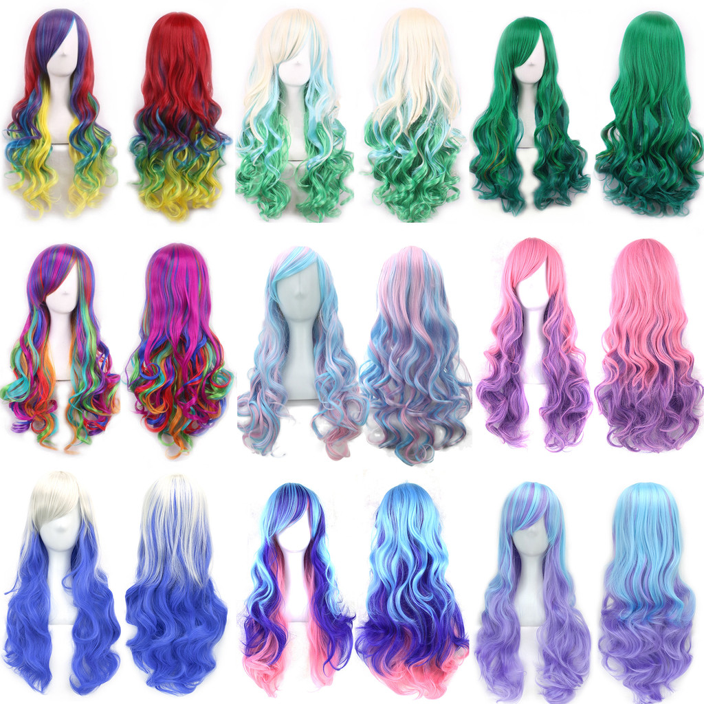 ผมปลอม ออมเบร สายรุ้งคอสเพลย์วิกผมเรียบสีแดงสีเหลืองสีม่วงสีเขียวสีฟ้าวิกผมสําหรับผู้หญิงสีดํา