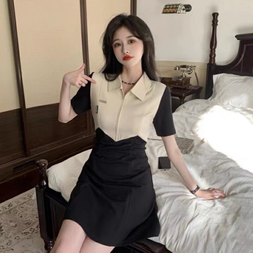 เดรสตัดต่อสไตล์ฝรั่งเศส ปกปอโล ใหม่ล่าสุด สำหรับฤดูร้อน ขายาว เปิดข้าง
