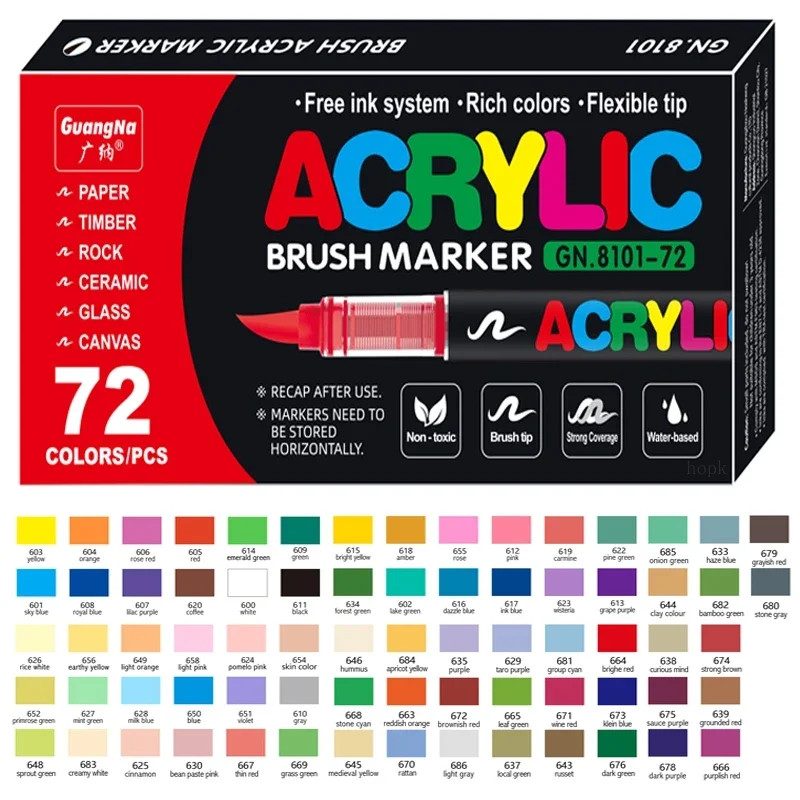 72สีอะคริลิคปากกามาร์กเกอร์สําหรับภาพวาดหิน,แปรงเคล็ดลับสีเครื่องหมาย,อุปกรณ์ศิลปะผ้าเครื่องหมายสีกันน้ํา GN8101 - รูปที่ 4