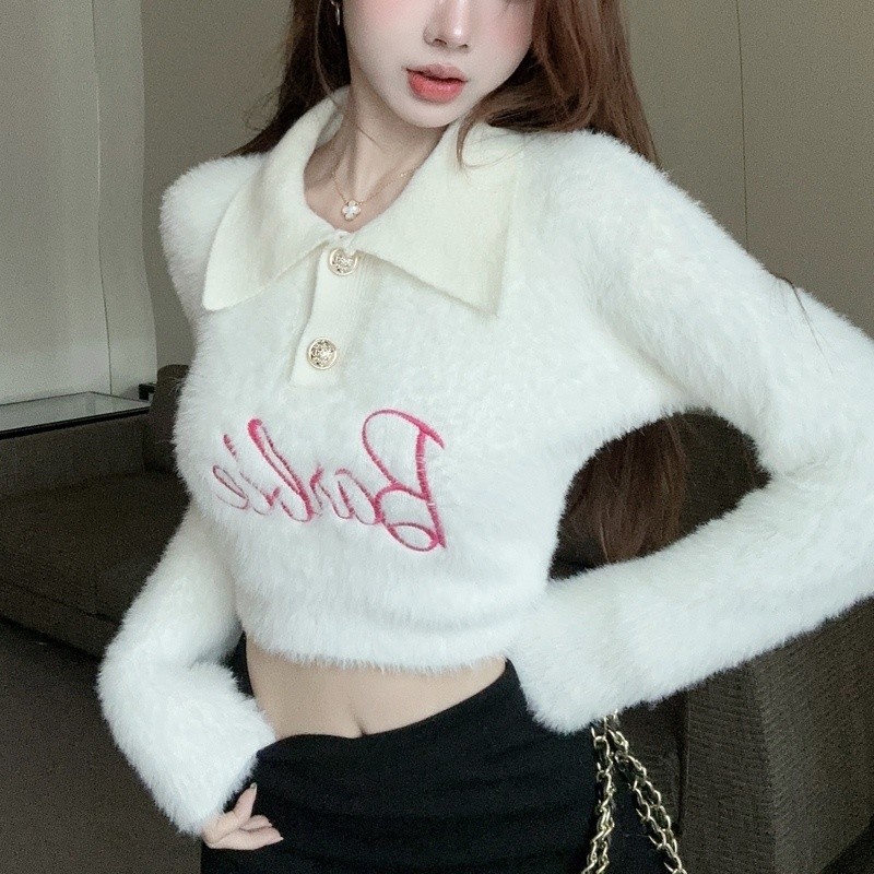 Furry Autumn and Winter Bottoming Short Pure Top Inner Wear New Women's Soft Glutinous SweaterpoloCollar Sweater Want Pink