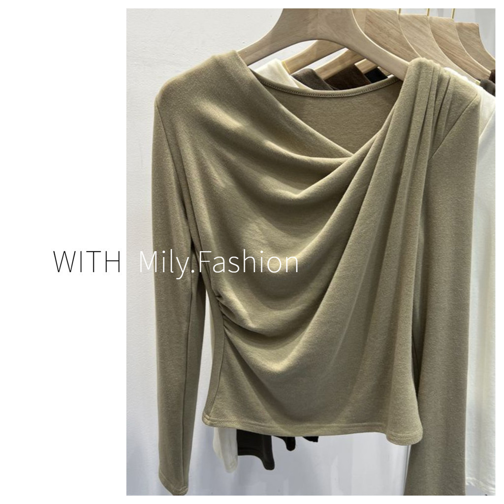 Milyfashion Modal คอแบนออกแบบจีบแขนยาว T Slim-fit Slimmer ดูอินเทรนด์