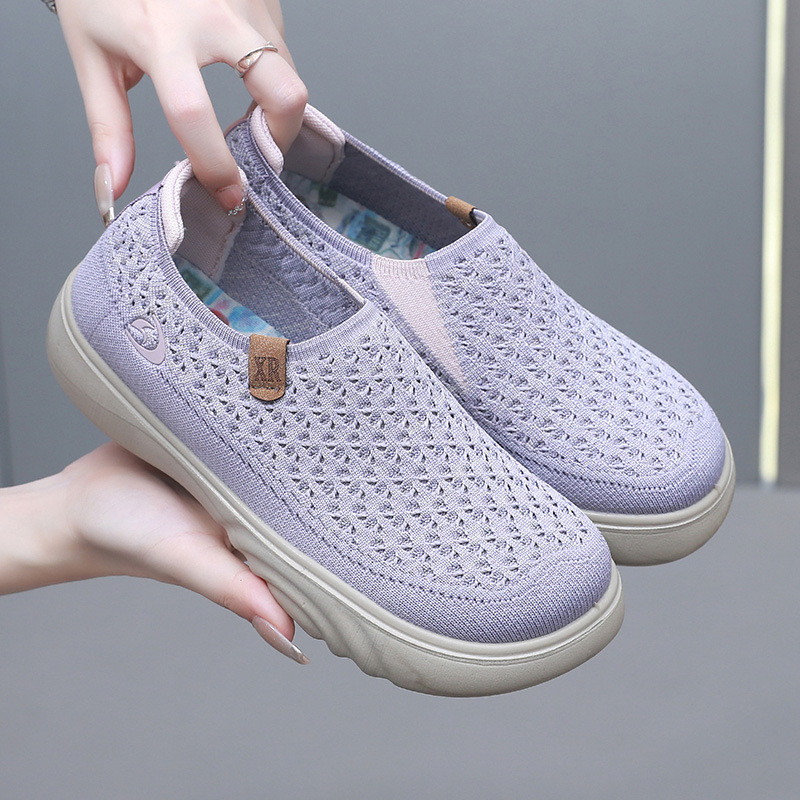 รองเท้าผู้หญิงตาข่าย Flyknit Breathable สบาย Soft-Soled Anti-Slip Slip-On รองเท้าเดินป่า