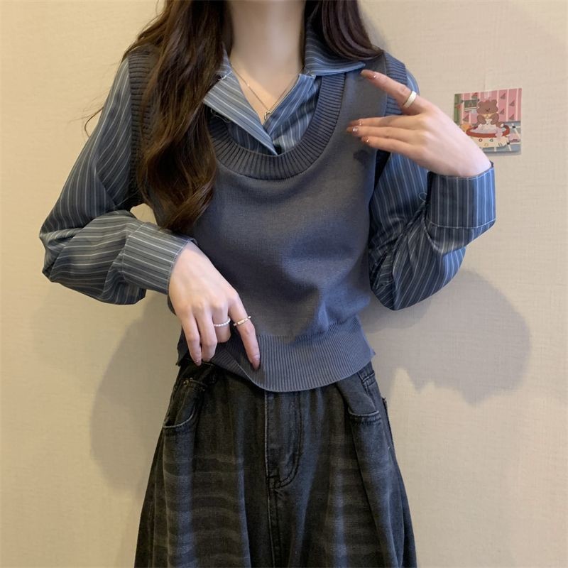 เสื้อไหมพรมสองชิ้นปลอมผู้หญิง 2024 ฤดูใบไม้ผลิฤดูใบไม้ร่วงออกแบบสไตล์ใหม่เสื้อกันหนาวเย็บเสื้อลายแขนยาว จุดต่ําสุด