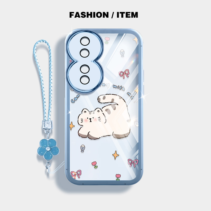 น่ารักอ้วนแมวกันกระแทกเคสโทรศัพท์สําหรับ Huawei Honor X7C X7B X7A X7 X5 Plus Honor 200 สมาร์ท 5G Play 30 50 60 Plus 40C ปลอกโปร่งใสฝาครอบป้องกันด้วยเชือกแขวนดอกไม้