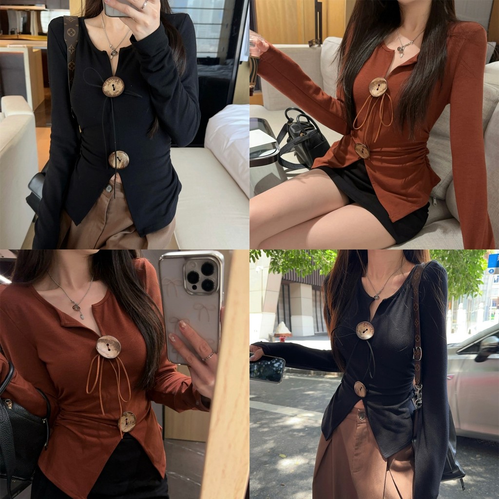 Evelyn ​เสื้อแขนยาวไหมพรม คอวี สุดเซ็กซี่ ทรงรัดตัวพอดี น่ารักคิ้วๆยืดตามตัวสีพื้น สไตล์เกาหลี ทรงสวย#25113