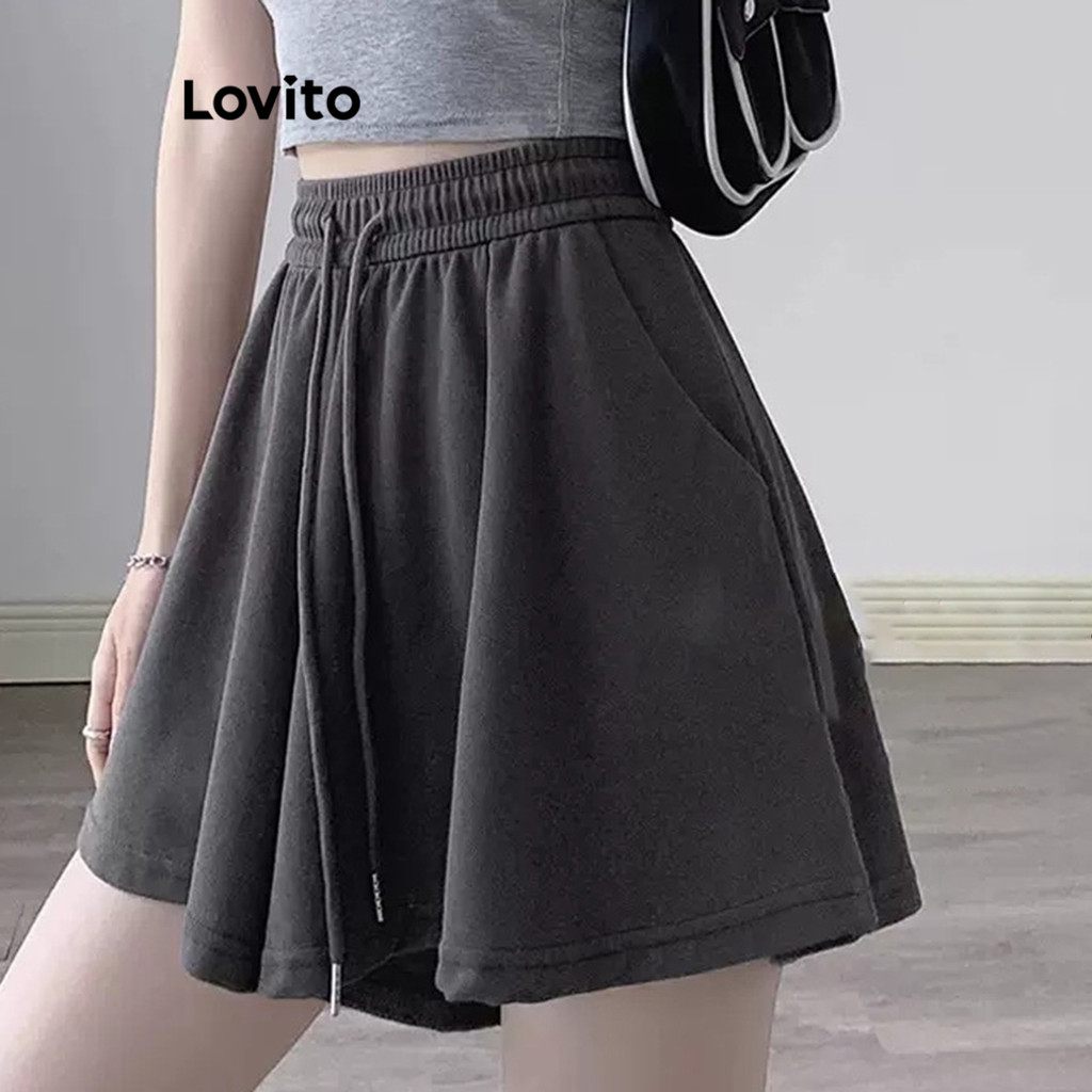 Lovito กางเกงกีฬาขาสั้นผู้หญิง แบบเชือกรูด สีพื้น สไตล์สปอร์ต LNM69219