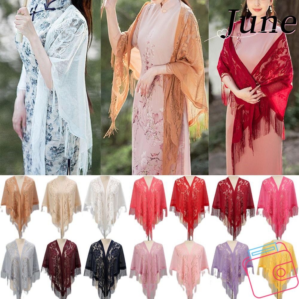 June ผ้าคลุมไหล่ผู้หญิงพร้อมพู่ชุดราตรีกลวงเสื้อคลุมปาร์ตี้ผ้าคลุมไหล่ Tulle หลากสี