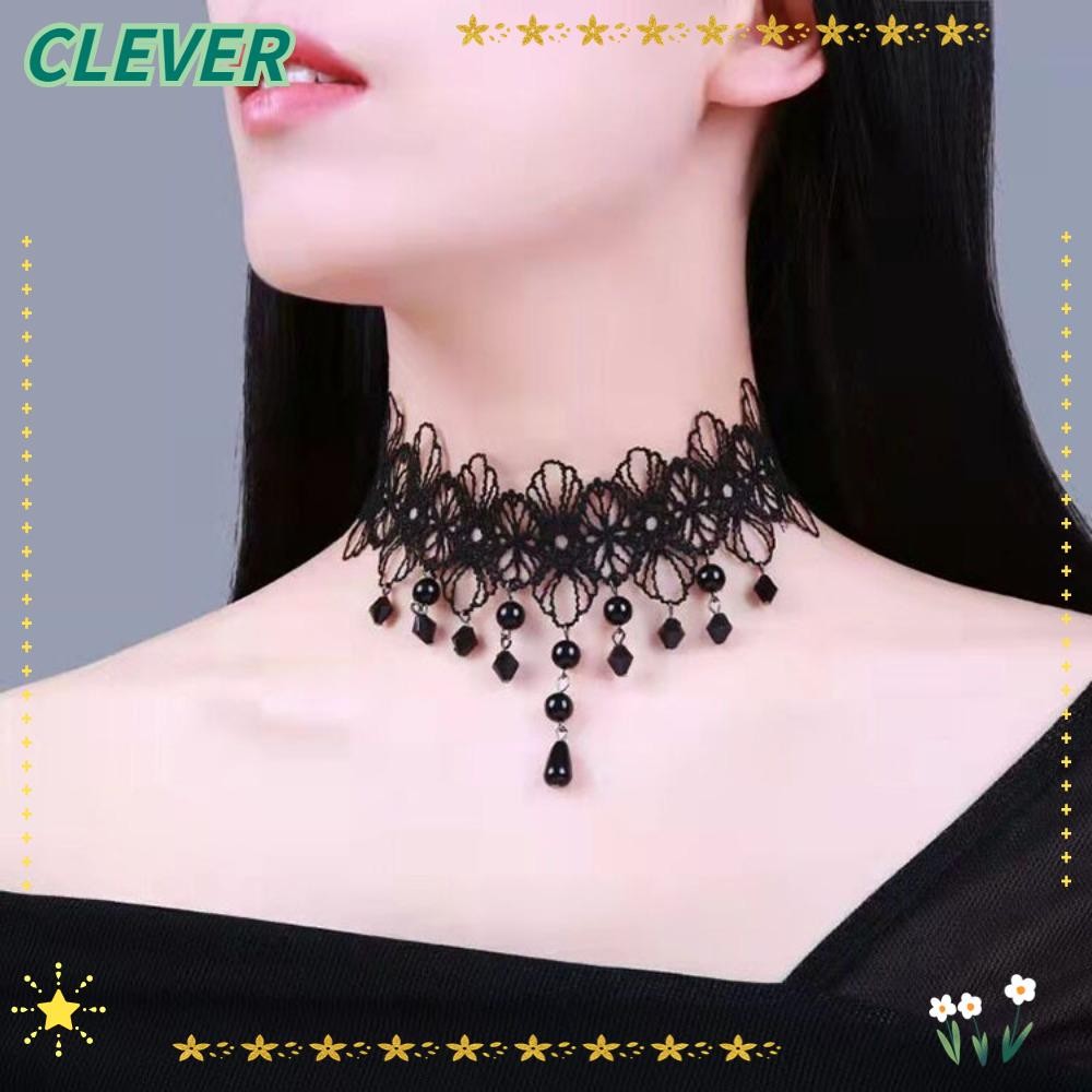 Clever Clavular Chain, สร้อยคอลูกไม้, แฟชั่นดึงดูดใจ ปลอกคอลูกไม้สีดําสวยงามผู้หญิง