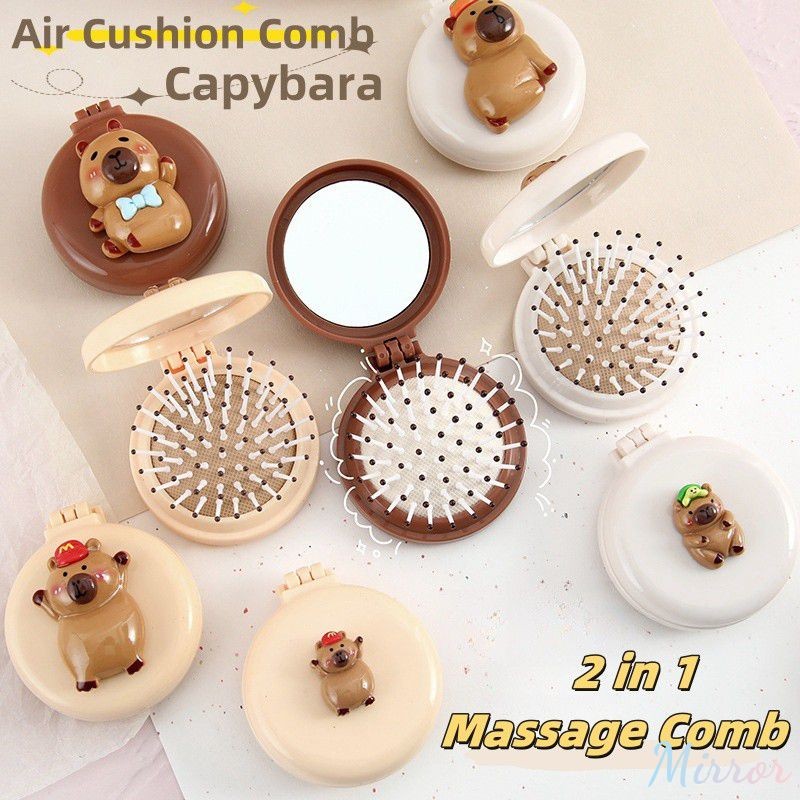 หวีรองลมลายการ์ตูน 2-in-1 Sanrio Capybara หวีนวดพกพา หวีถุงลมพับได้ลายการ์ตูนน่ารัก พร้อมกระจกขนาดเล็ก M