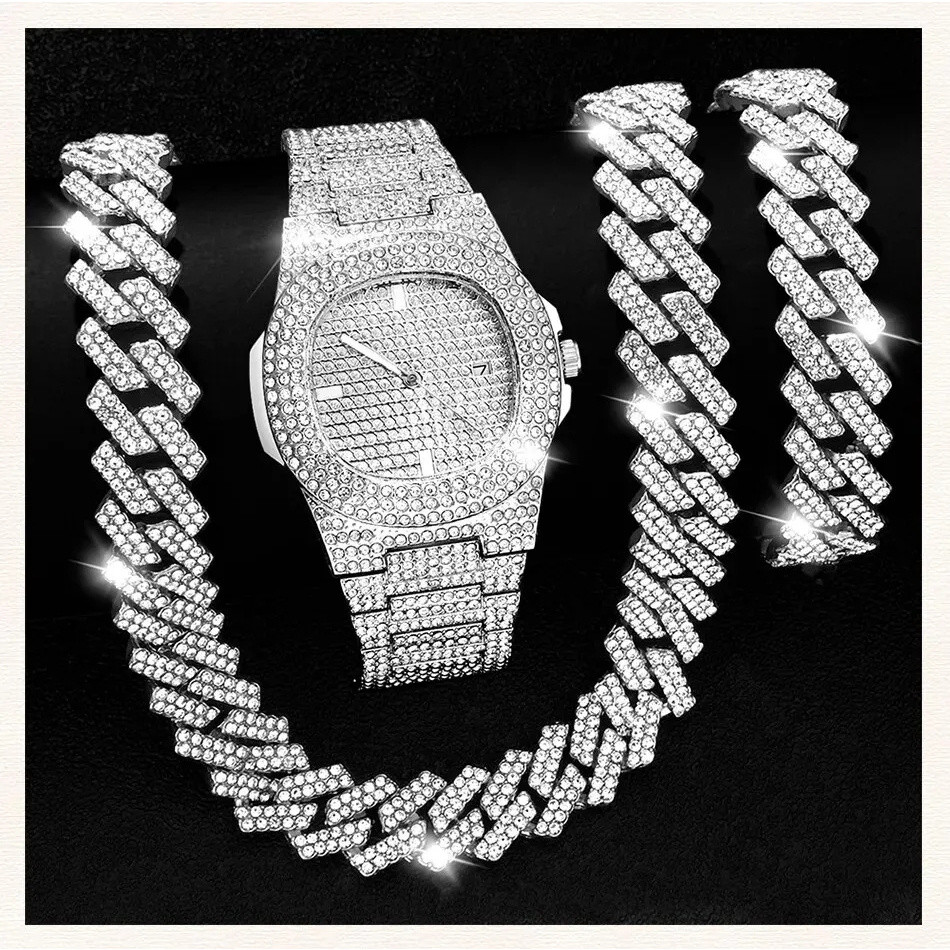 ใหม่นาฬิกาผู้ชาย15มิลลิเมตรโซ่คิวบาฮิปฮอปเครื่องประดับสร้อยคอเงินสร้อยข้อมือเพชรชุดชาย