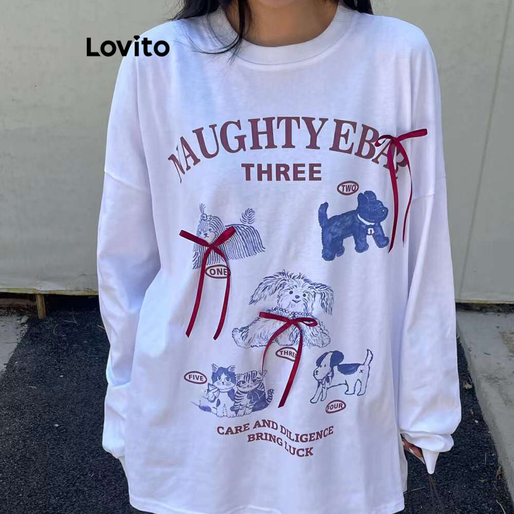Lovito เสื้อสเวตเตอร์โบว์ธรรมดาลำลองสำหรับผู้หญิง LNA79294