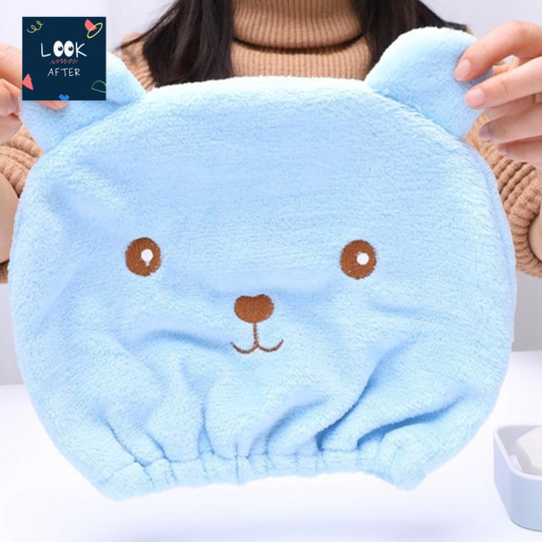 Look After ที่คลุมผมแบบผ้านาโน หมวกคลุมผม ซับน้ำเร็ว ผ้าเช็ดผม ลายการ์ตูน สีฟ้า